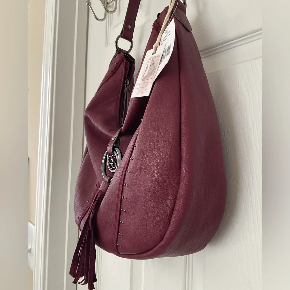 Jessica Simpson Natalie Hobo Bag Burgundy Studded Tassel Shoulder Bag NWT